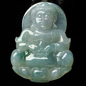 糯冰种略飘花缅甸翡翠A货观音挂件