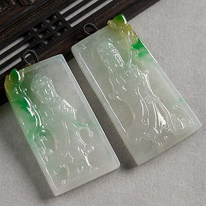 冰种三彩缅甸翡翠A货站观音挂件（一对）