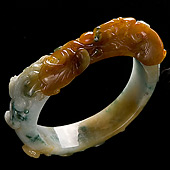 糯冰种红黄翡飘花缅甸翡翠A货福寿如意雕花贵妃镯（56.1mm-49.2mm）