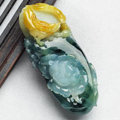 糯冰种蓝水带黄翡缅甸翡翠A货富贵花开挂件