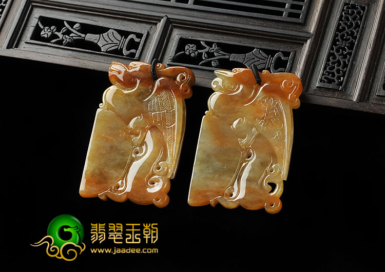 糯冰种褐红翡缅甸翡翠A货仿古龙凤牌挂件（一对）
