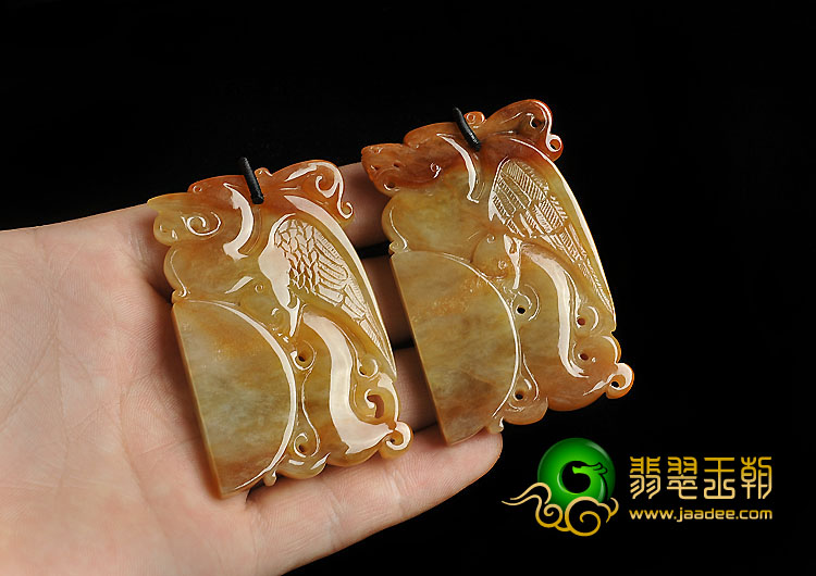 糯冰种褐红翡缅甸翡翠A货仿古龙凤牌挂件（一对）