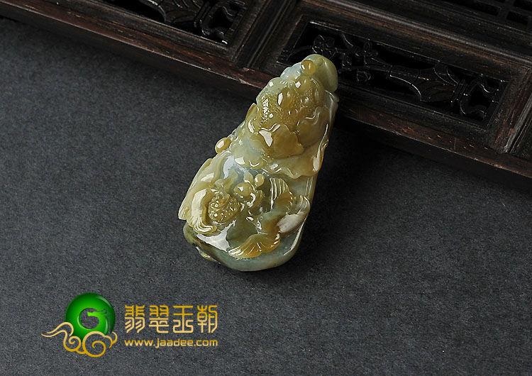 糯冰种褐黄翡缅甸翡翠A货富贵花开挂件