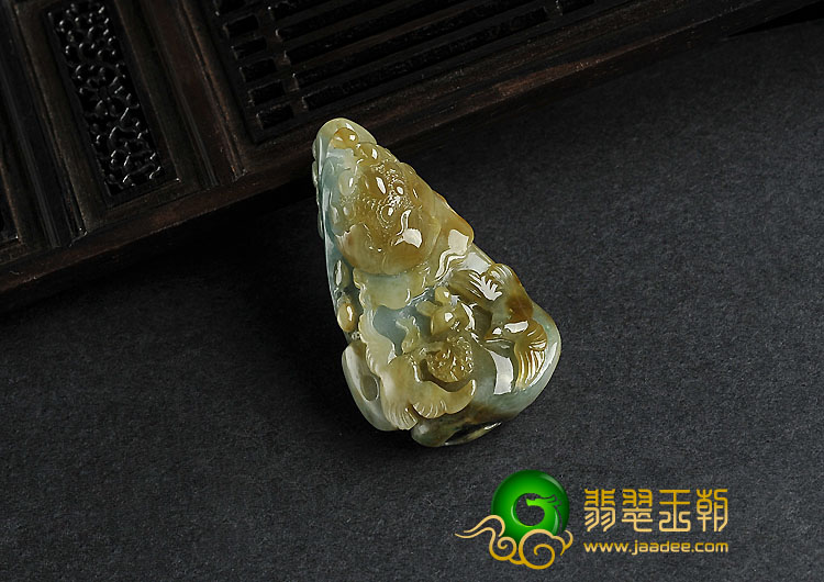 糯冰种褐黄翡缅甸翡翠A货富贵花开挂件