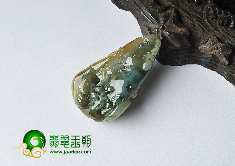 糯冰种褐黄翡缅甸翡翠A货富贵花开挂件