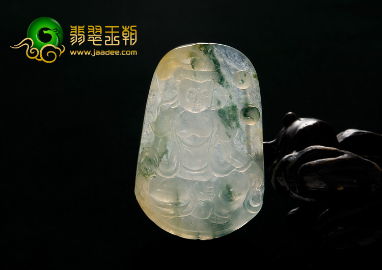 冰种飘花略带黄翡缅甸翡翠A货观音挂件