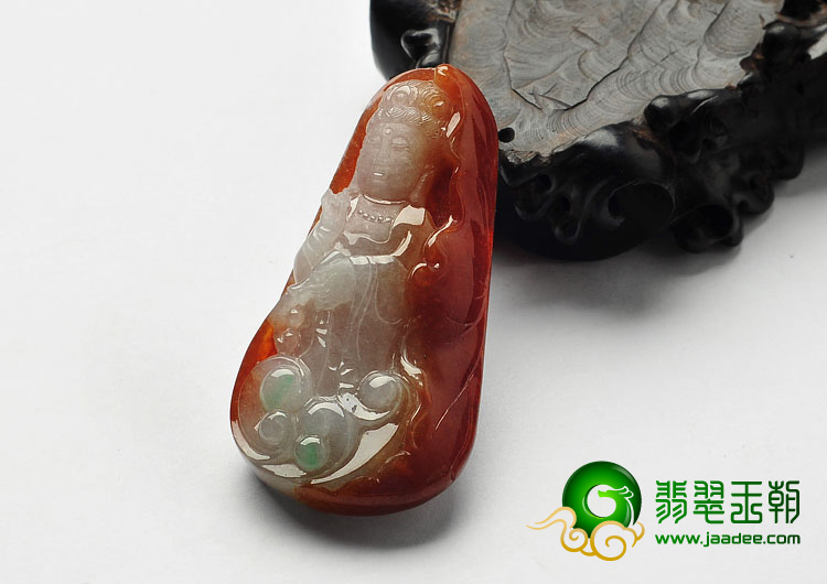 糯冰种红翡缅甸翡翠A货观音挂件