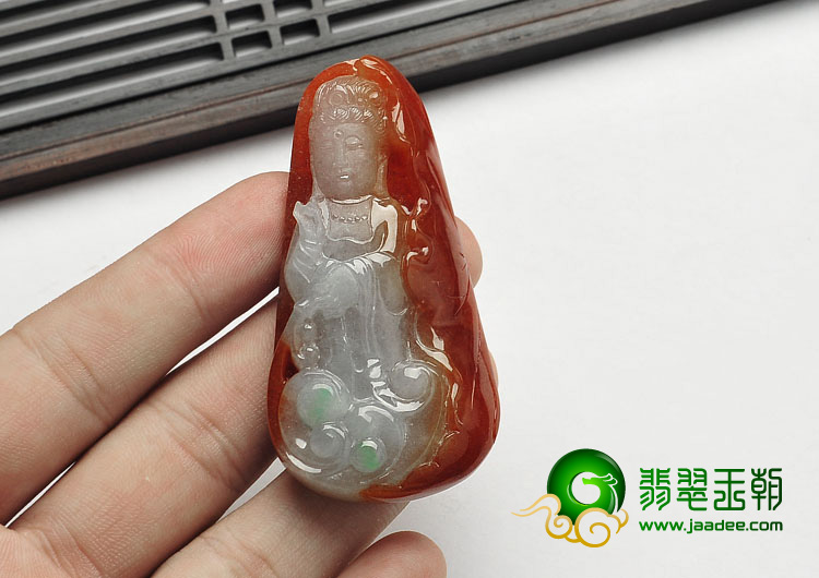 糯冰种红翡缅甸翡翠A货观音挂件