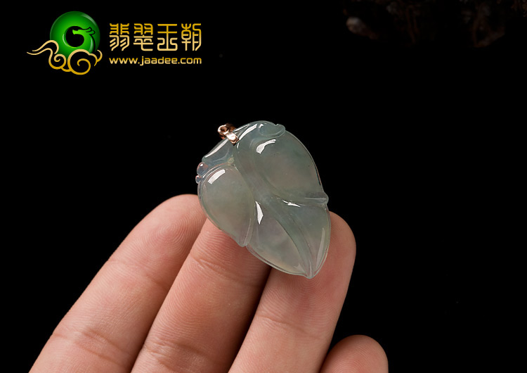 冰种晴水缅甸翡翠A货镶玫瑰金扣叶子挂件