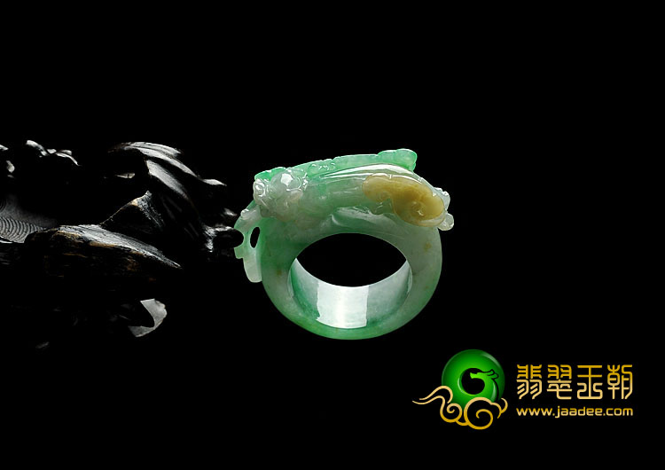 糯冰种黄加绿缅甸翡翠A货貔貅指环