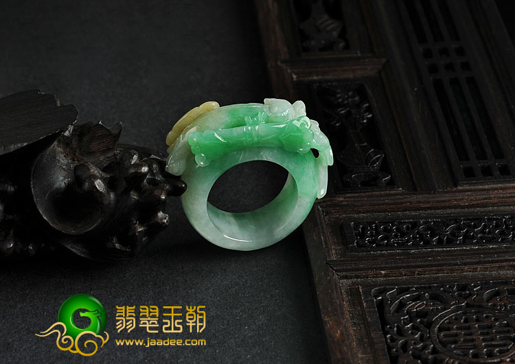 糯冰种黄加绿缅甸翡翠A货貔貅指环