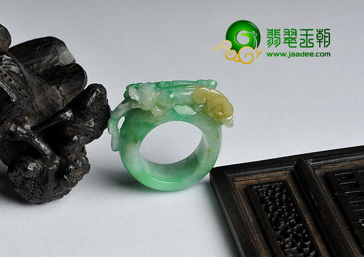 糯冰种黄加绿缅甸翡翠A货貔貅指环
