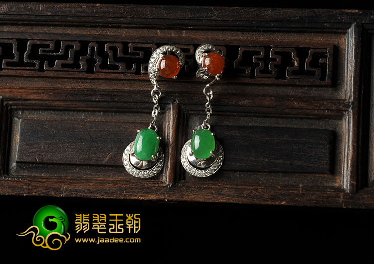 冰种阳绿（红翡）缅甸翡翠A货镶白金耳坠（水钻）