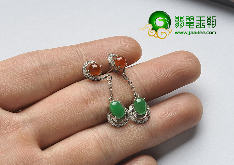 冰种阳绿（红翡）缅甸翡翠A货镶白金耳坠（水钻）