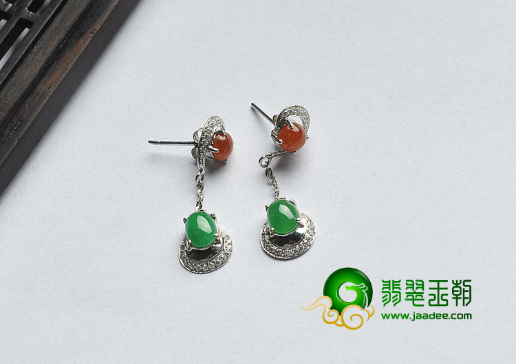 冰种阳绿（红翡）缅甸翡翠A货镶白金耳坠（水钻）