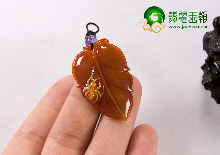 糯冰种褐红翡缅甸翡翠A货叶子挂件