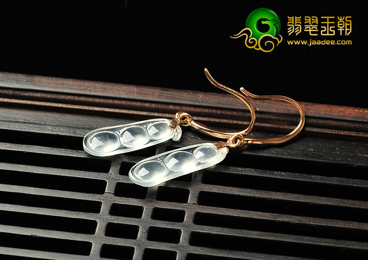 冰玻种缅甸翡翠A货镶金豆子耳环（真钻）