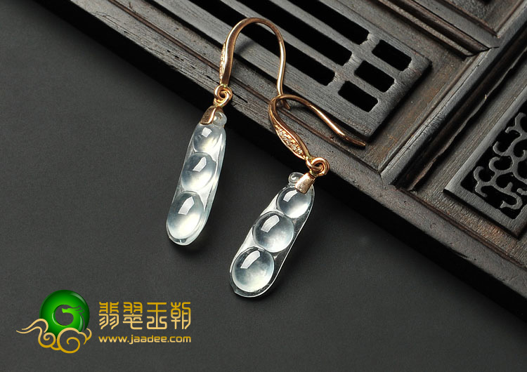 冰玻种缅甸翡翠A货镶金豆子耳环（真钻）