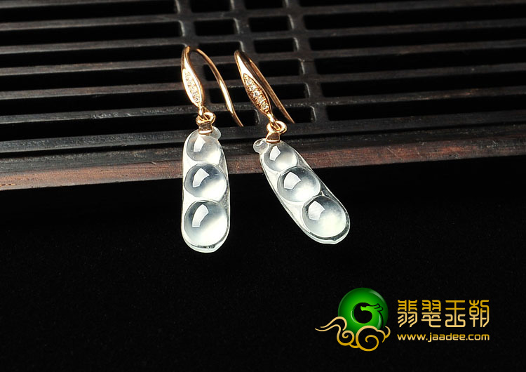 冰玻种缅甸翡翠A货镶金豆子耳环（真钻）