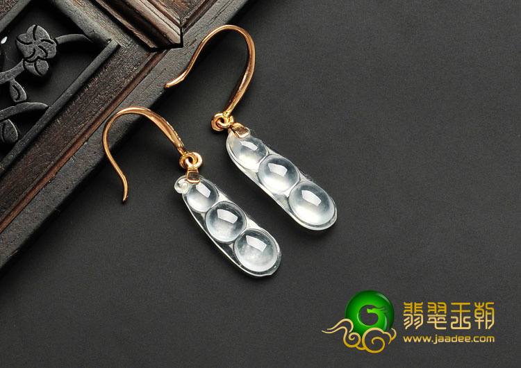 冰玻种缅甸翡翠A货镶金豆子耳环（真钻）