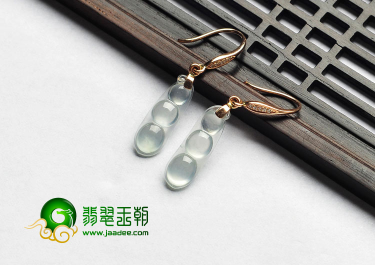 冰玻种缅甸翡翠A货镶金豆子耳环（真钻）