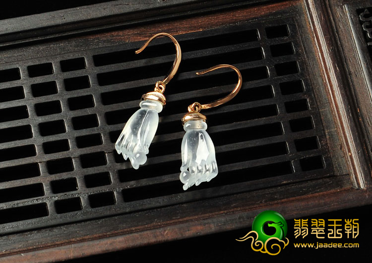 冰玻种缅甸翡翠A货镶金佛手耳环（真钻）
