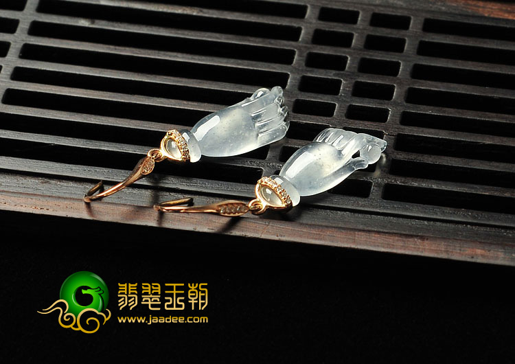 冰玻种缅甸翡翠A货镶金佛手耳环（真钻）