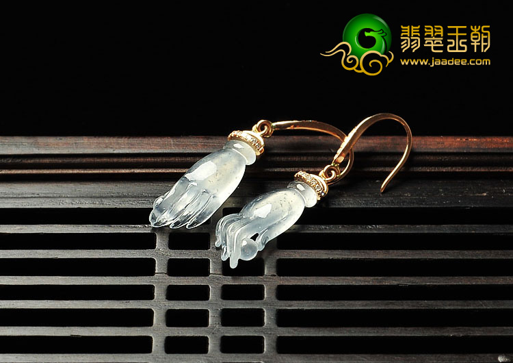 冰玻种缅甸翡翠A货镶金佛手耳环（真钻）