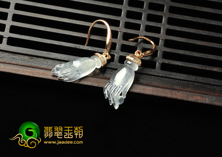 冰玻种缅甸翡翠A货镶金佛手耳环（真钻）