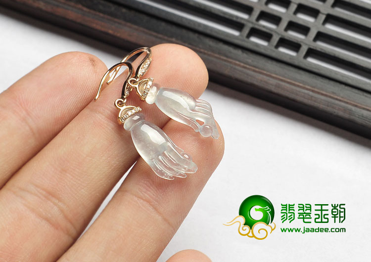 冰玻种缅甸翡翠A货镶金佛手耳环（真钻）