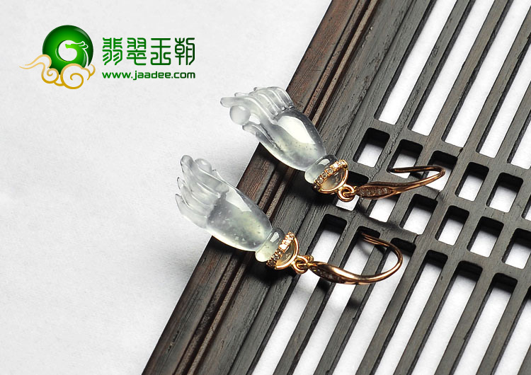 冰玻种缅甸翡翠A货镶金佛手耳环（真钻）