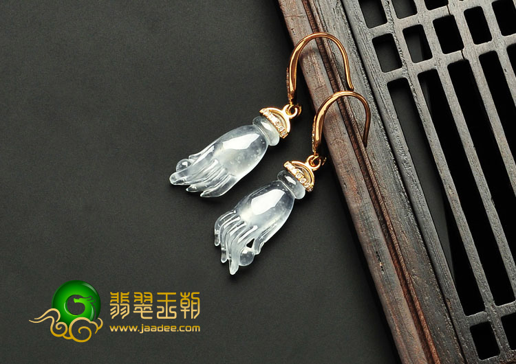 冰玻种缅甸翡翠A货镶金佛手耳环（真钻）