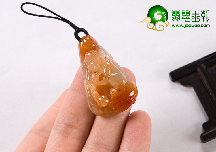 糯冰种红黄翡缅甸翡翠A货灵猴献寿挂件