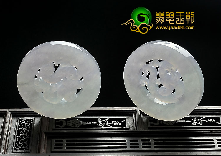糯冰种春带彩缅甸翡翠A货龙凤牌挂件（一对）