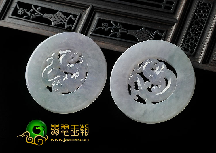 糯冰种春带彩缅甸翡翠A货龙凤牌挂件（一对）