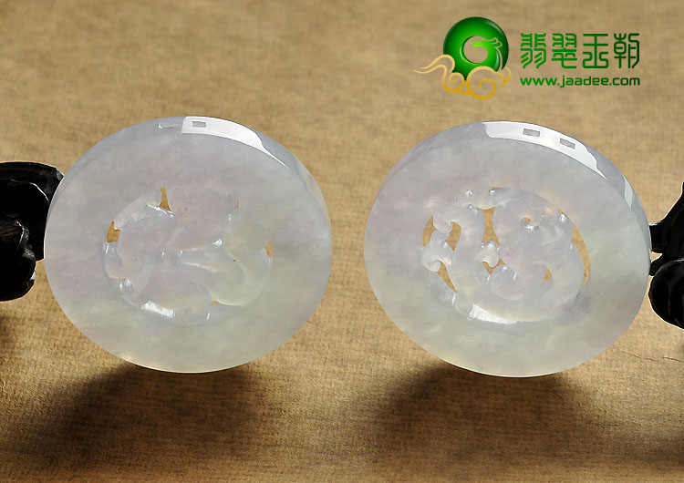 糯冰种春带彩缅甸翡翠A货龙凤牌挂件（一对）