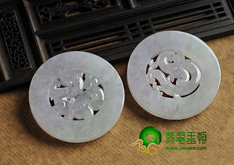 糯冰种春带彩缅甸翡翠A货龙凤牌挂件（一对）
