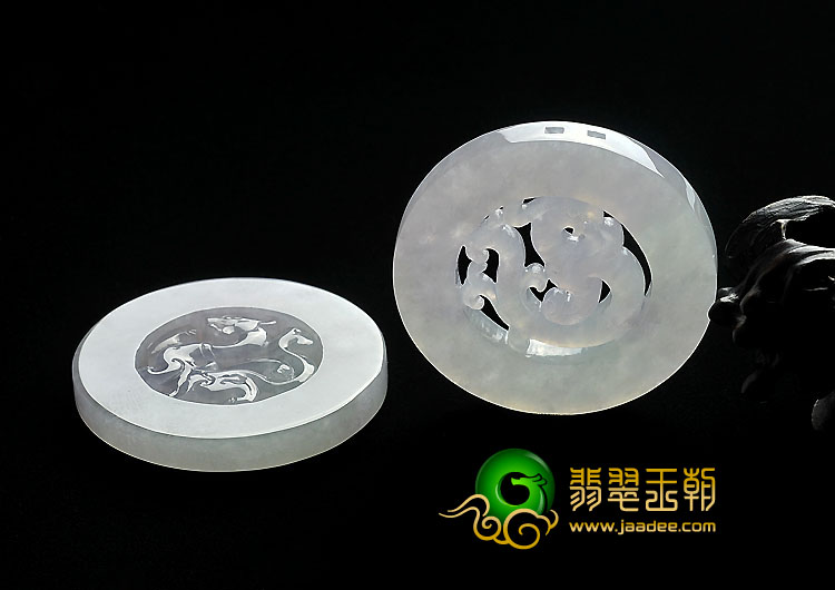 糯冰种春带彩缅甸翡翠A货龙凤牌挂件（一对）