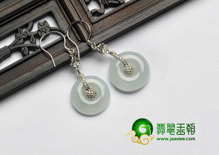冰种晴水缅甸翡翠A货镶银耳环（水钻）