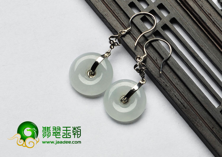冰种晴水缅甸翡翠A货镶银耳环（水钻）