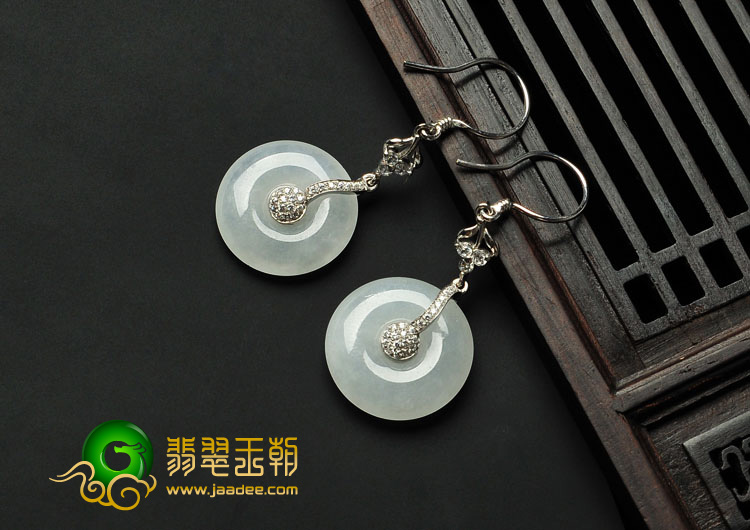 冰种晴水缅甸翡翠A货镶银耳环（水钻）