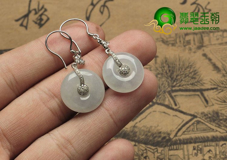冰种晴水缅甸翡翠A货镶银耳环（水钻）