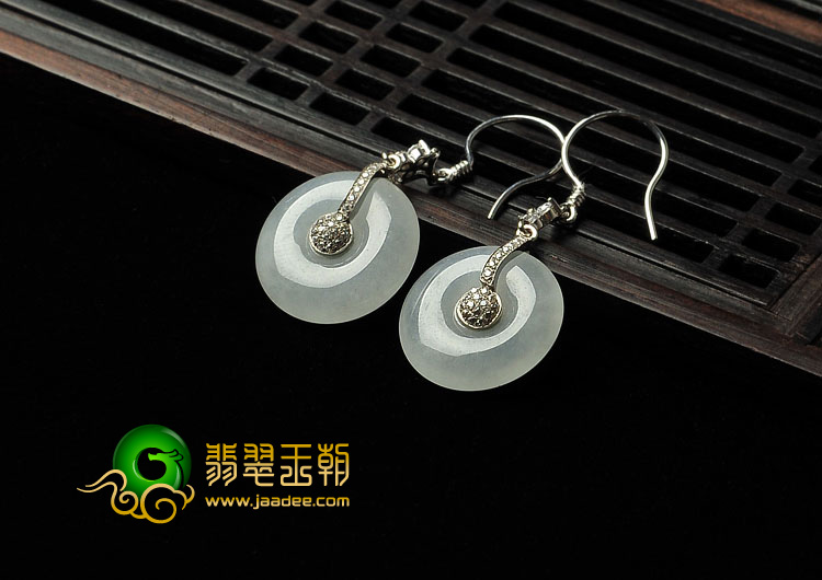 冰种晴水缅甸翡翠A货镶银耳环（水钻）
