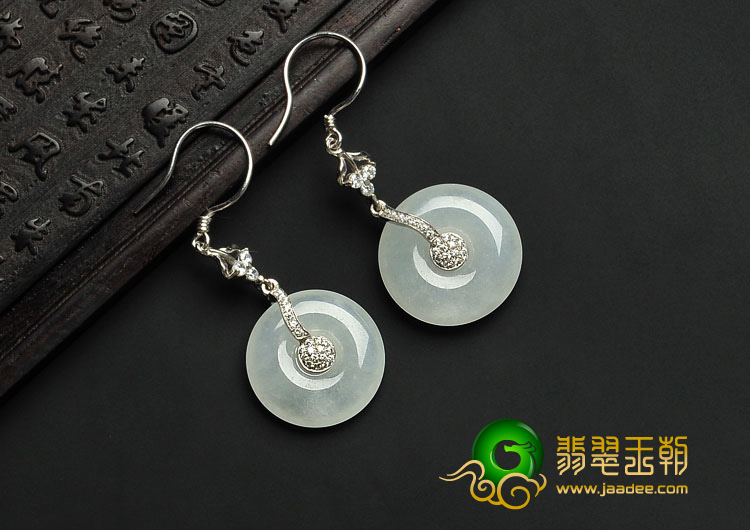 冰种晴水缅甸翡翠A货镶银耳环（水钻）