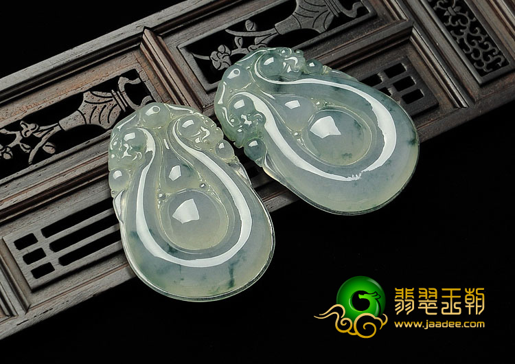 冰种飘花缅甸翡翠A货福禄寿挂件（一对）
