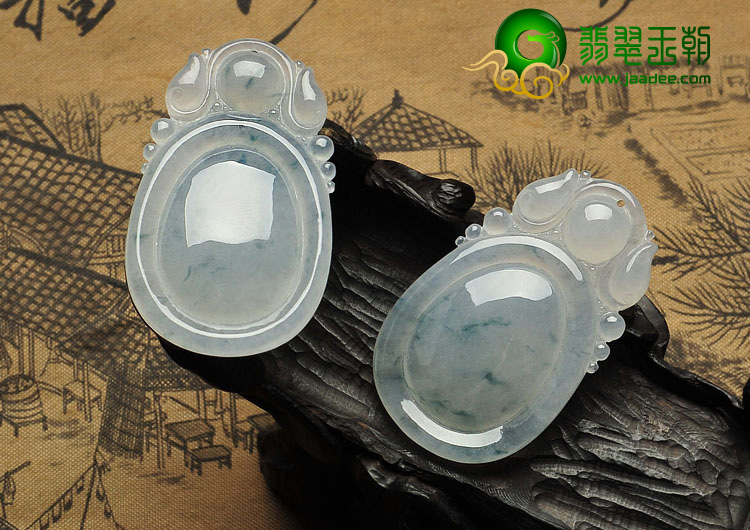 冰种淡春飘花缅甸翡翠A货福在眼前挂件（一对）