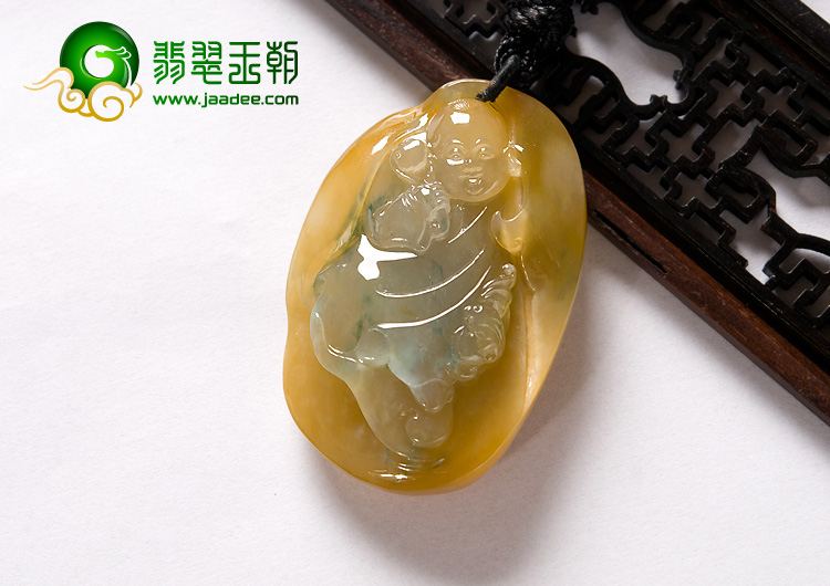 冰种黄翡飘花缅甸翡翠A货招财童子挂件
