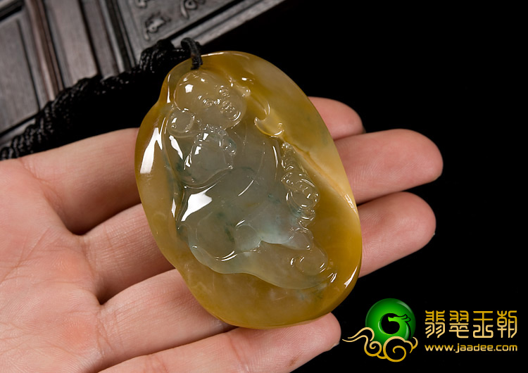 冰种黄翡飘花缅甸翡翠A货招财童子挂件