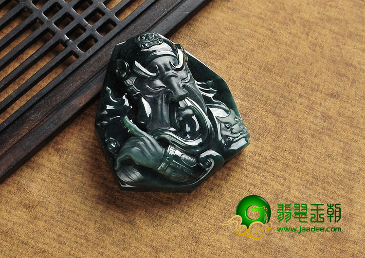 冰种墨翠缅甸翡翠A货关公头挂件