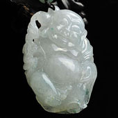 糯冰种略飘花缅甸翡翠A货逍遥佛挂件